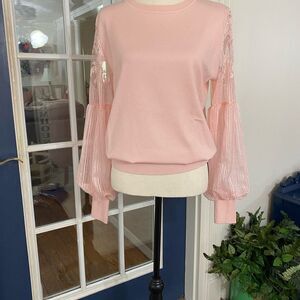 Pink soft lightweight sweater with lace and balloon sleeve Size Large